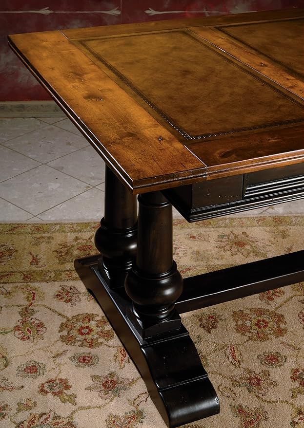 Hekman Furniture Trestle Desk - Vintage Wooden Home Office Desk with Three Drawers Leather Inset Antique Brass Hardware Timeless Classic Design for Modern Functional Executive Workspace