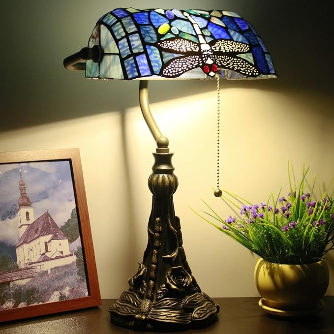 Tiffany Banker Lamp Small Stained Glass Table Lamp Tiffany Style Piano Light Blue Dragonfly Style Desk Lamp Angle Adjustable 10.6X15.7Inch for Home Office Living Room Bedroom