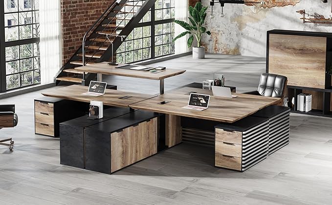 70.87IN Adjustable Heigh L Shaped Executive Desk with Drawers, Modern Executive Standing Home Office Desk w/Universal Charging Ports, Large Business Workstation w/Cord Management,Black and Warm Oak