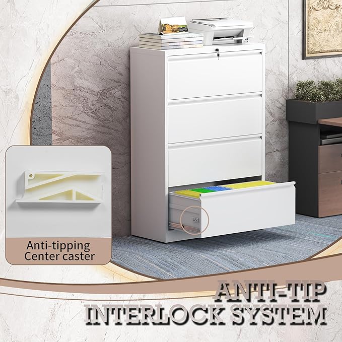 4 Drawer Lateral File Cabinet with Lock, Metal File Cabinet, Lateral File Cabinets for Home Office, Heavy Duty File Storage Cabinet for Legal/Letter/A4 Document, Assembly Required, White