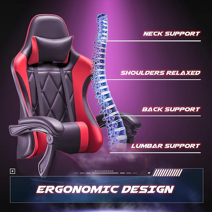 Homall Gaming Chair, Computer Chair with Footrest and Massage Lumbar Support, Ergonomic High Back Video Game Chair with Swivel Seat and Headrest (Red)