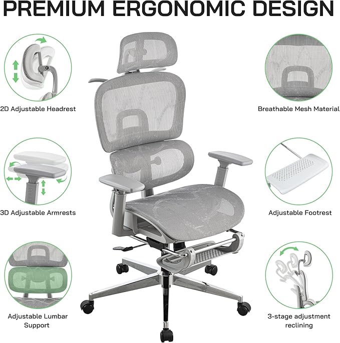 Mesh Ergonomic Office Chair with Footrest,High Back Mesh Gaming Chair with Lumbar Support,Adjustable Headrest and Armrests for Home Office Desk Chair (Modern, Grey)
