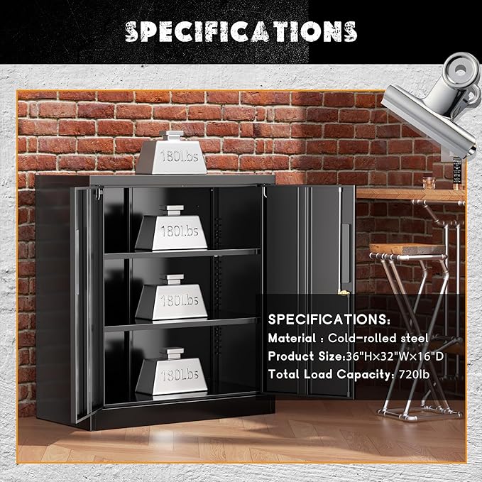 Greenvelly Metal Cabinet, 36" Locking Storage File Cabinet with Doors and Shelves for Office,Home,Gym,School,Kitchen(Black)