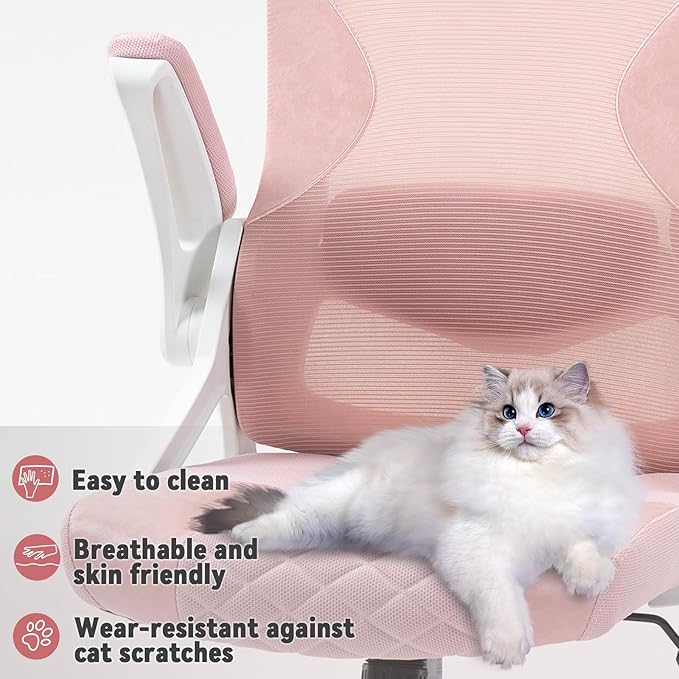 SEATZONE Pink Office Chair,Ergonomic Desk Chair with Adjustable Headrest and Lumbar Support,Swivel Mesh Office Chair with Flip up Armrest for Home Office and Gaming