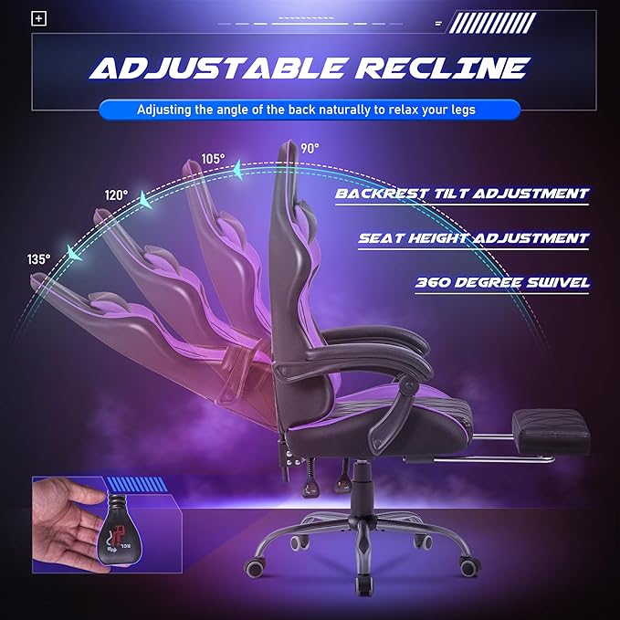 Homall Gaming Chair, Computer Chair with Footrest and Massage Lumbar Support, Ergonomic High Back Video Game Chair with Swivel Seat and Headrest (Purple)
