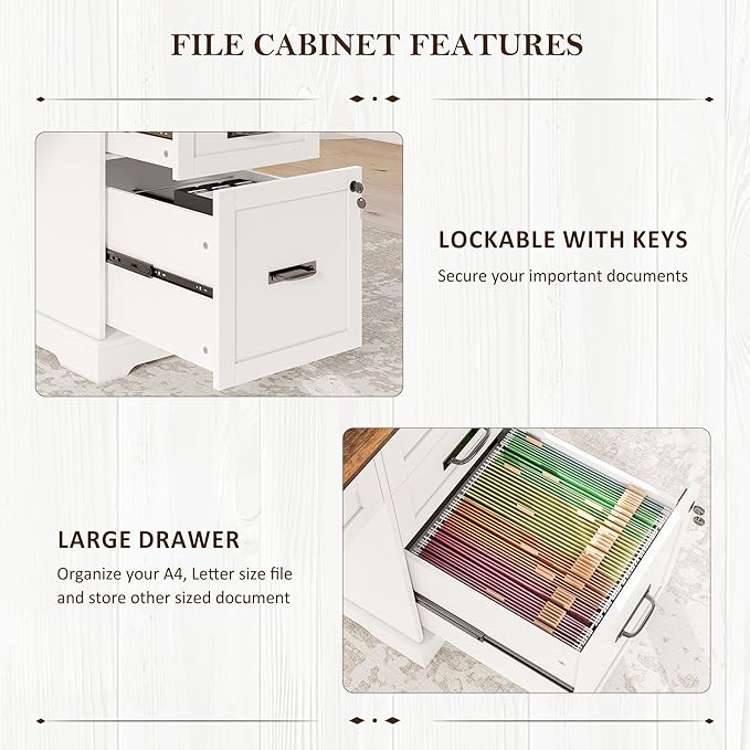 Whalefall 55'' Farmhouse Desk Home Office with Drawers, Executive Computer Desk Wooden with File Cabinet and Charging Station, White