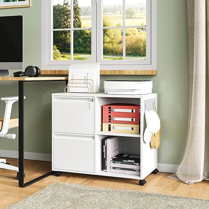 Lateral 2 Drawer Filing Cabinet with Lock, Mobile File Cabinet on Wheels, Printer Stand with Storage for Legal/Letter/A4 File Folders(White)