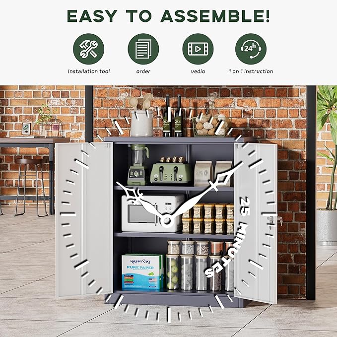 Greenvelly Metal Cabinet, 36" Locking Storage File Cabinet with Doors and Shelves for Office,Home,Gym,School,Kitchen(Grey White)