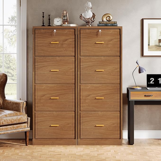 Tribesigns 4-Drawer File Cabinet with Lock, Locked File Cabinet with Key, Tall Wooden Filing Cabinets for Home Office, Vertical Office Storage for Legal Size/Letter/A4/Files, Brown (2 Pieces)