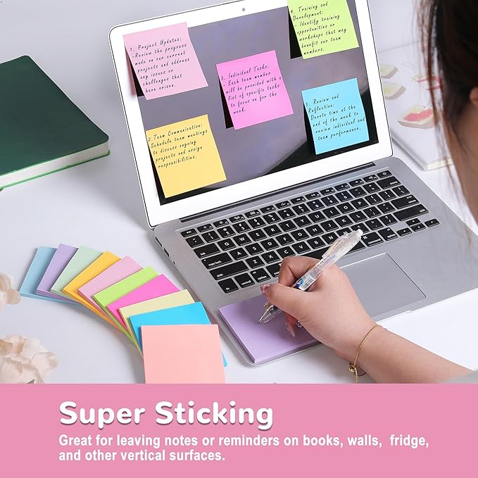 (24 Pack) Sticky Notes 3x3 in Post, Self-Stick Notes Pads 12 Bright Colors Sticky Note, Strong Adhesive, Recyclable, Easy to Post for Home, Office, Notebook