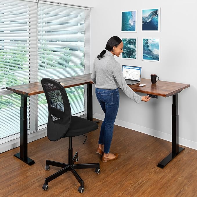 S STAND UP DESK STORE Triple Motor Electric L-Shaped Corner Standing Desk with EZ Assemble Frame (Black Frame/Solid Walnut Top, 71 inch W x 71 inch D)