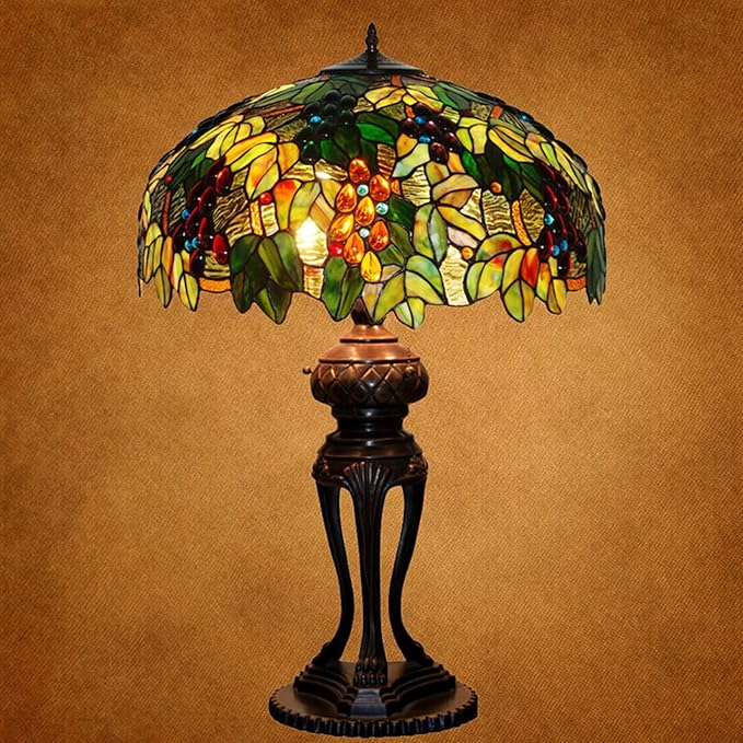 Tiffany Lamp Table Lamp Rose Dragonfly Tulip Wisteria Grape Peach Kapok Peony Apple Flower Design Stained Glass Lampshade Desk Lamp for Girl Living Room Iron Base W20 XH32,Grape