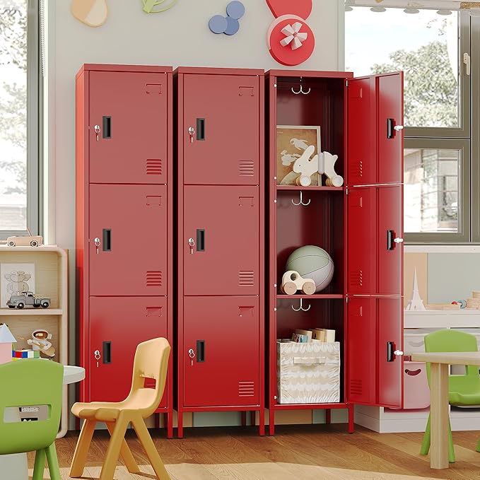 Metal Locker with Hooks and Ventilation Holes,Metal Storage Locker with Keys and Business Card Slof for Home,Gym,Garage,School,Office,66" H x 15.75" W x 15.75" D,Assembly Required,Red