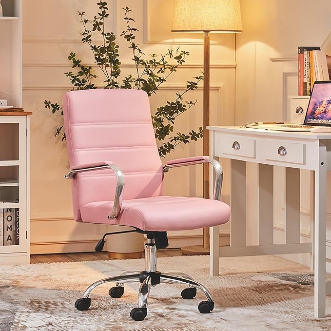 Yaheetech Mid-Back Office Chair with Arms Swivel PU Leather Height Adjustable Office Executive Chair, Pink