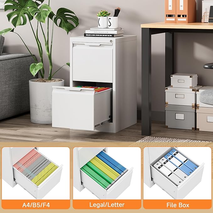 Coolsun 2 Drawer Vertical File Cabinet with Lock, Metal Filing Cabinet for Home Office, Locking File Cabinet for A4/F4/Legal/Letter, Assembly Required (White, 2 Drawer)