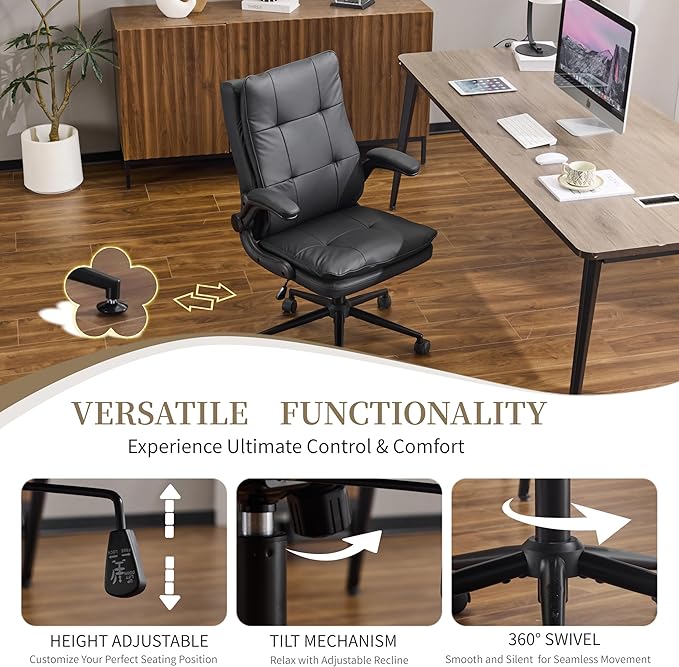 VINGLI Comfy Black Leather Office Desk Chair,Ergonomic High-Back Support Computer Gaming Chair with/No Wheels,Dual-Base,Adjustable Height,Flip-Up Arms,360° Swivel Rolling Task Chair for Home Office