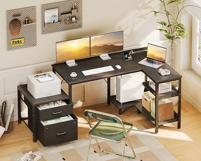 Casaottima L Shaped Desk with Drawers & File Cabinet, Computer Desk with Storage Shelves & CPU Stand, Corner Desk with Power Outlets, Reversible L Desk for Gaming, Home Office, Black