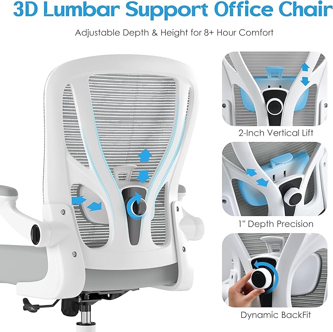 Office Chair Ergonomic Desk Chair - Mesh Computer Chair Breathable Task Chair with Wheels Adjustable Lumbar Support Home Desk Office Chairs Flip up Armrest Executive Rolling Swivel White