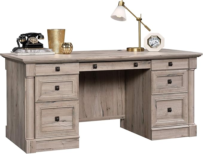 Sauder Palladia Office Desk with Drawers, Executive Desk with File Cabinet Storage, Cable Management, Keyboard Tray, in Split Oak Finish