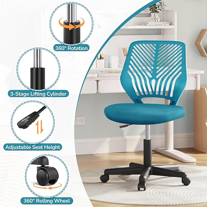 Yaheetech Kids Cute Office Chair Low-Back Armless Study Chair w/Lumbar Support Adjustable Height for Children in Bedroom School, Turquoise