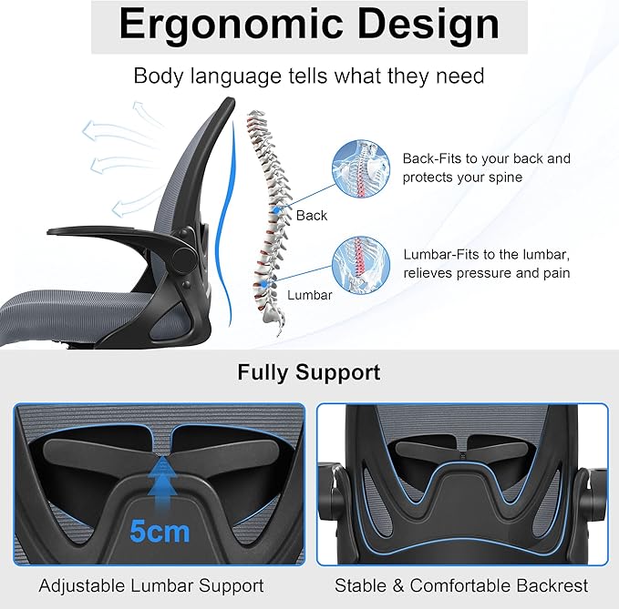 Primy Office Chair Ergonomic Desk Chair with Adjustable Lumbar Support and Height, Swivel Breathable Desk Mesh Computer Chair with Flip up Armrests for Conference Room(Dark Gray)