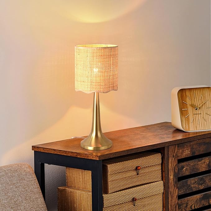 Gold Rattan Table Lamp for Bedroom, Brass Cute Wicker Lamps for Bedside Nightstand, Small Table Shape Lamps for Small Spaces for Kitchen Counter, Home Office, Living Room, Kids Dorm