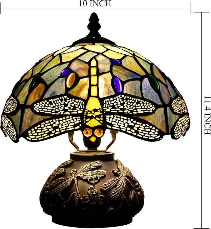 Small Tiffany Table Lamp Brown Dragonfly Style Stained Glass Desk Lamp 10X11.5 Inch Mushroom Table Light for Office Home Living Room Bedroom