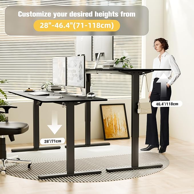 ERGOMAKER Electric Standing Desk, 67" x 23.6" Height Adjustable Sit Stand Desk with Splice Board for Home Office, Computer Table Memory Preset (Black Frame, Black Desktop)