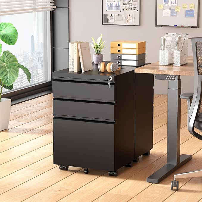 Greenvelly Mobile File Cabinet, 3 Drawer Metal Filing Cabinet on Wheels, Under Desk File Cabinet for Home Office Organizer Letter/Legal/A4 File (Black)