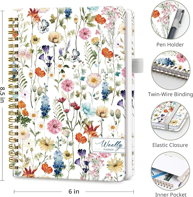 Undated Weekly Planner, Weekly To Do List Notebook with Goal & Habit Tracker Organizer, A5 Weekly Planner Notebook with Spiral Binding, 6.1" x 8.2" - Floral