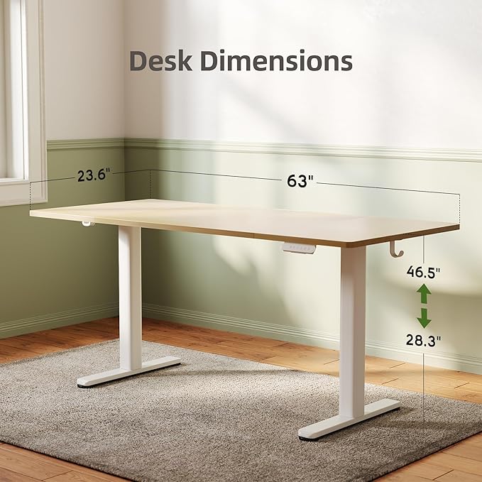 INNOVAR Electric Standing Desk, Adjustable Height Stand up Desks, 63 x 24 Inches Sit Stand up Desk for Home Office Computing, 3-Preset Memory Height Ergonomic Rising Desks, Nature