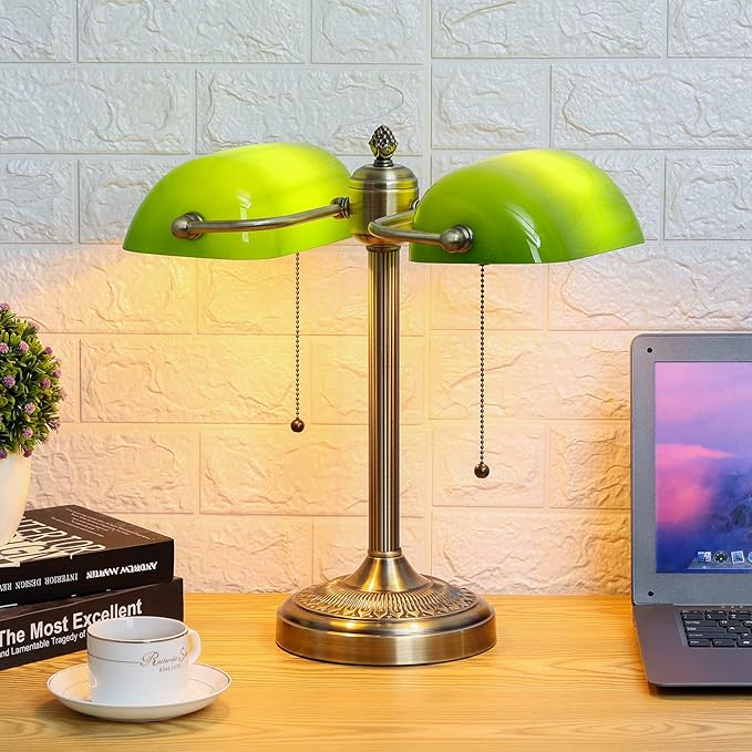 Newrays Glass Bankers Desk Lamp with Pull Chain Switch Plug in Fixture (Green-2L, Classic)