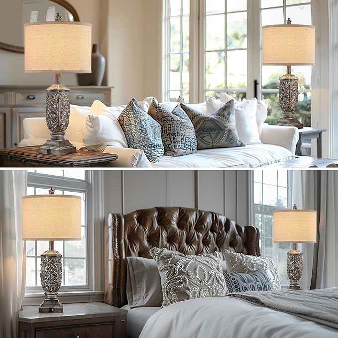 Set of 2 Farmhouse Table Lamps for Living Room, Rustic Vintage Bedside Nightstand Lamp with USB A+C, 28.5" Tall Bronze Leafwork Resin Lamps for Bedroom End Table, Rotary Switch
