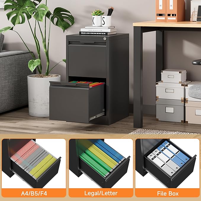 Coolsun 2 Drawer Vertical File Cabinet with Lock, Metal Filing Cabinet for Home Office, Locking File Cabinet for A4/F4/Legal/Letter, Assembly Required (Black, 2 Drawer)