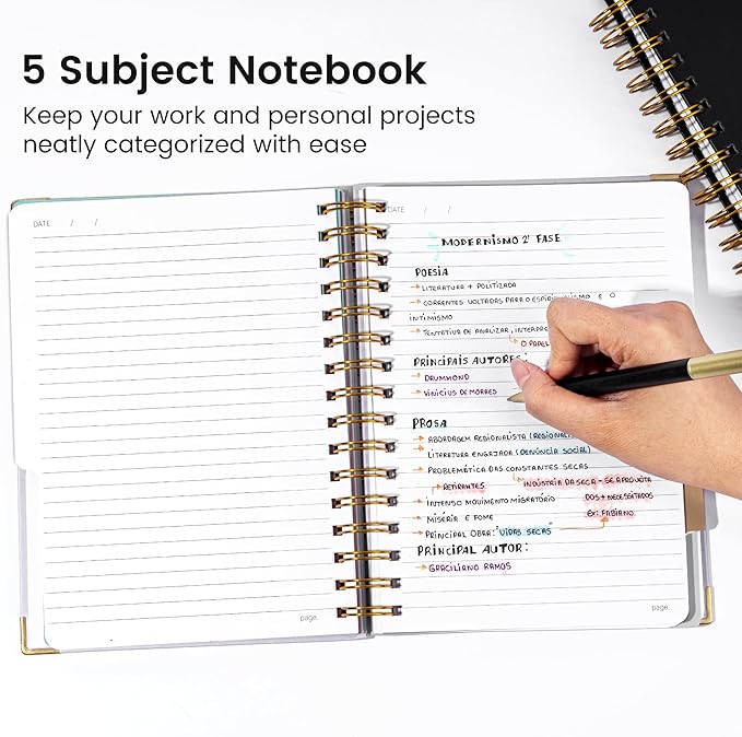 Hardcover Spiral Notebook with Tabs 6.1"x8.3" Small Spiral Lined Journals for Women Men with Dividers 200 Pages College Ruled Composition Notebook 5 Subject Notebook for Work School Gifts, Black