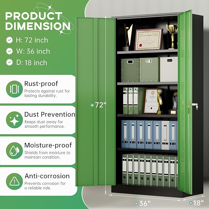 INTERGREAT Metal Storage Cabinet,72" Steel Lockable File Cabinet with Locking Doors and Adjustable Shelves,Locking Tool Cabinets for Office,Home,Garage,Gym,School (Black Green)