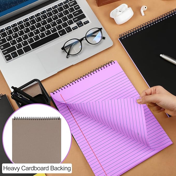 Resurhang 6 Pcs Legal Pad Top Spiral Bound Notebook 70 Sheets Wirebound Notepad Double Sided Ruled Memo Steno Pad with Stiff Back Cover for Business(8.5 x 11 Inches,No Holes,Bright Colors)