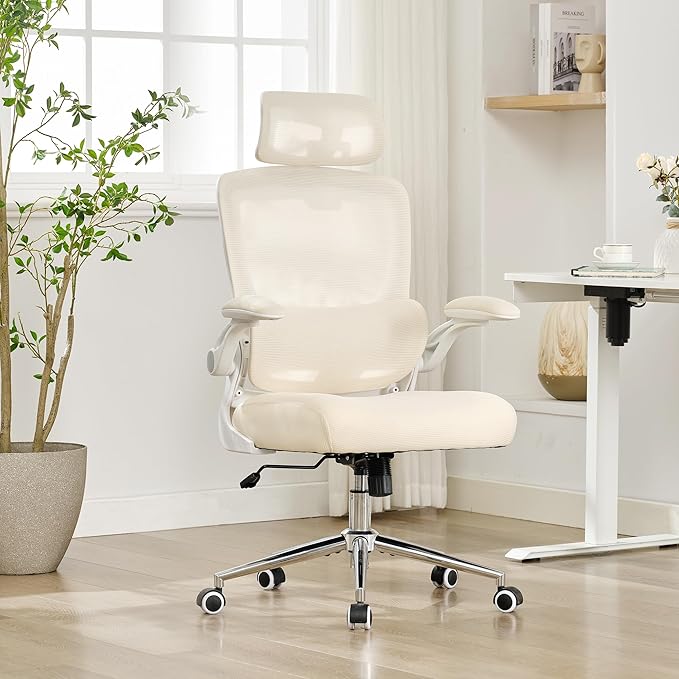 Ergonomic Office Chair,Home Mesh Office Desk Chairs,High Back Chair 330 LBS,Swivel Computer Task Chair with Adjustable Lumbar Support,Up&Down Flip-Up Arms,Rocking Function (Beige)