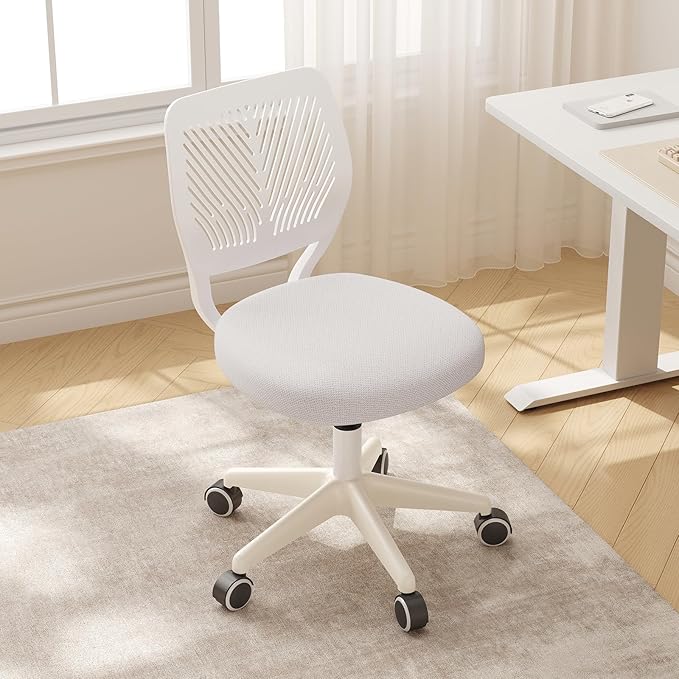 Armless Desk Chair, Height Adjustable Swivel Office Rolling Task Chairs with Soft Mesh Padded Cushion, Ergonomic Small Study Computer Chair for Girls Boys Teens (White, 4PCS)