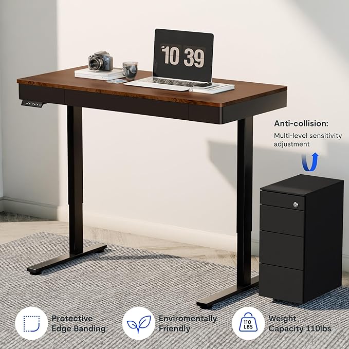 SANODESK Electric Standing Desk with Drawer, 48 x 24 inch Height Adjustable Computer Desk, Home Office Stand Up Desk with 4 Preset Heights, Dark Walnut