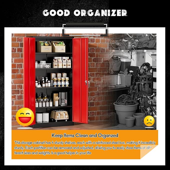 Greenvelly Metal Storage Cabinet with Doors and Adjustable Shelves,72" Black Red Locking Steel Garage Cabinet with Lock, Metal Tool Cabinets for Garage,Home Office,School