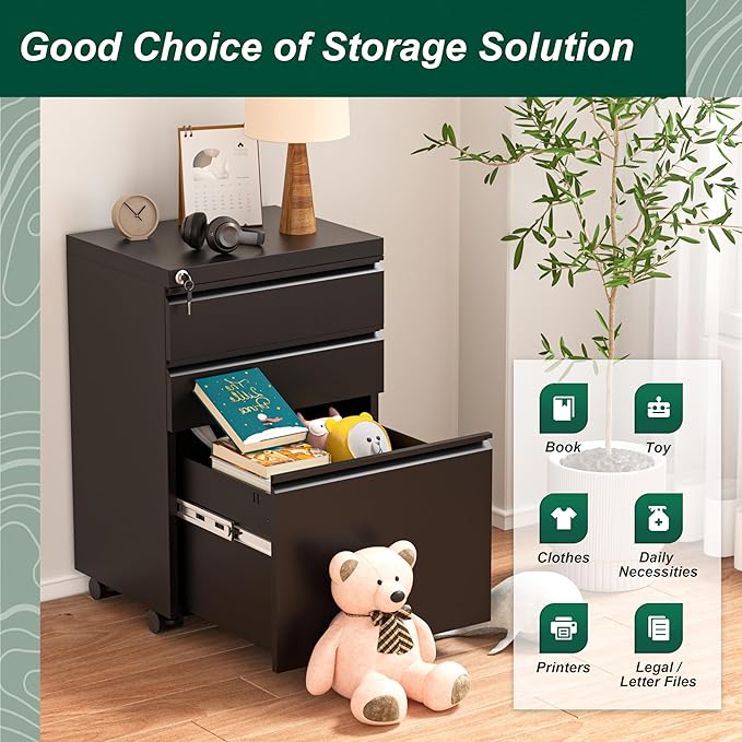 Superday File Cabinet 3 Drawer, Metal Rolling Vertical Filing Cabinet with Wheels, Small Under Desk File Cabinets for Home Office (Black)