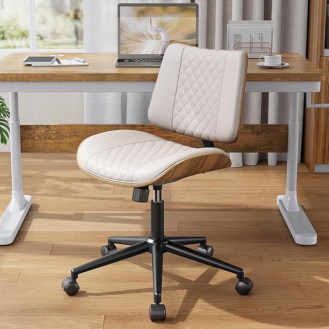 Home Office Chair with Wheels, Armless Office Desk Chair Adjustable Height, Swivel Rolling Modern Walnut Mid Back Computer Task Chair for Home Office, Small Space, Beige, Lozenge Pattern