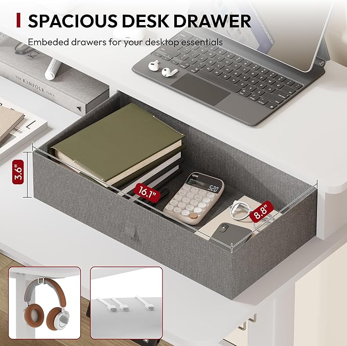 SANODESK 63" L Shaped Standing Desk with 3 Drawers, Height Adjustable Stand up Desk, Corner Gaming Desk with Monitor Stand, White Frame/White Top