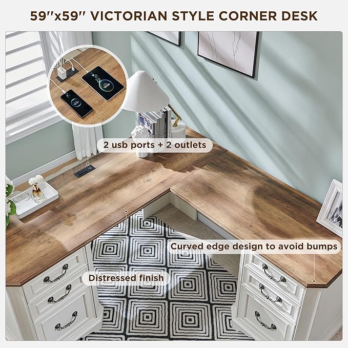 T4TREAM 59" Executive L Shaped Desk with Drawers,Farmhouse Wood Computer Coner Desk, Featuring Charging Station,File Drawer, Storage Cabinet,for Home Office Work and Study (Antique White)
