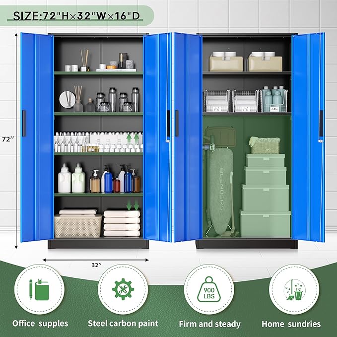 Greenvelly Metal Garage Storage Cabinet with Doors and Shelves, 72" Steel Lockable File Cabinet,Office Storage Cabinet Tall Metal Cabinet for Garage Office School Gym Warehouse(Black Blue)