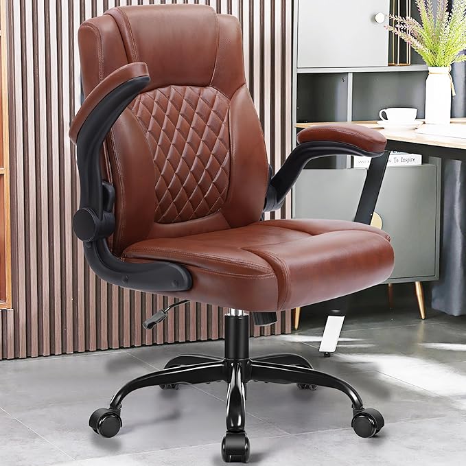 Leather Office Chair, PU Home Computer Desk Chairs with Ergonomic Back Support, 360° Swivel Free,Small Gmaing Chair with Wheels and Adjustable Armrests, for Short People Use, Vintage Brown