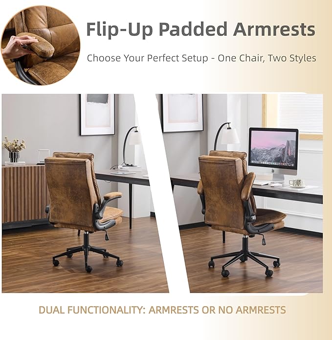VINGLI Comfy Brown Leather Office Desk Chair,Ergonomic High-Back Computer Gaming Chair with Replaceable Wheels,Dual-Base,Adjustable Height&Armrests,360 Swivel Task Chair for Home Office,Vintage,Rustic