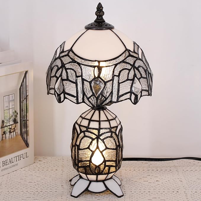 Small Tiffany Lamp Stained Glass Table Lamp Mini Mother Daughter Vase Desk Accent Light for Bedroom Bedside Reading Home Antique Style Decor 8X14 Inches (White)