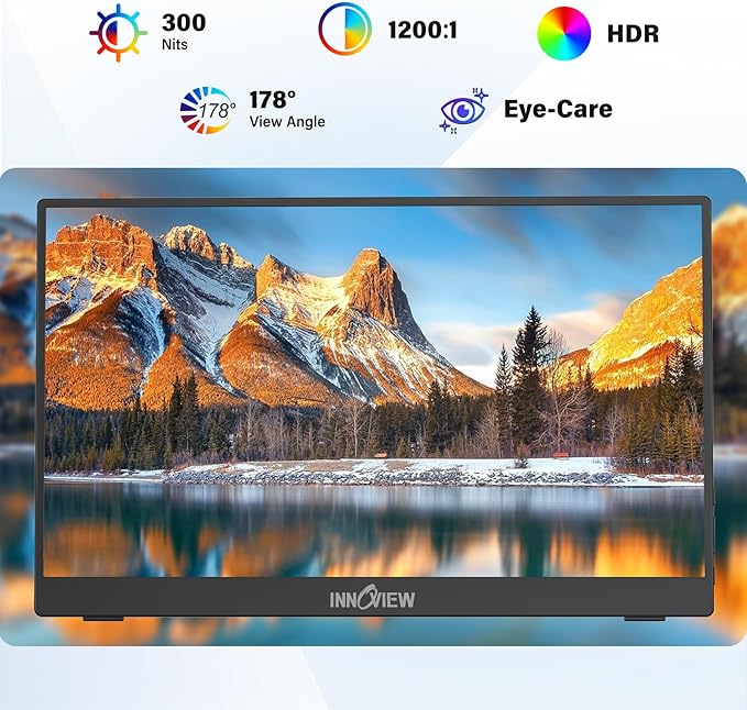InnoView 15.6'' Portable Monitor for Laptop Built-in 90° Adjustable Stand Without Bag FHD 1080P USB-C Travel Monitors HDR IPS Portable Laptop Monitor for MacBook PC Xbox PS4/5 Switch